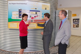  Die Geschäftsführer von Wagner & Co, Thomas Payer (mitte) und Andreas Knoch (rechts), erläutern Frau Puttrich das Prinzip des PassivSolarHauses